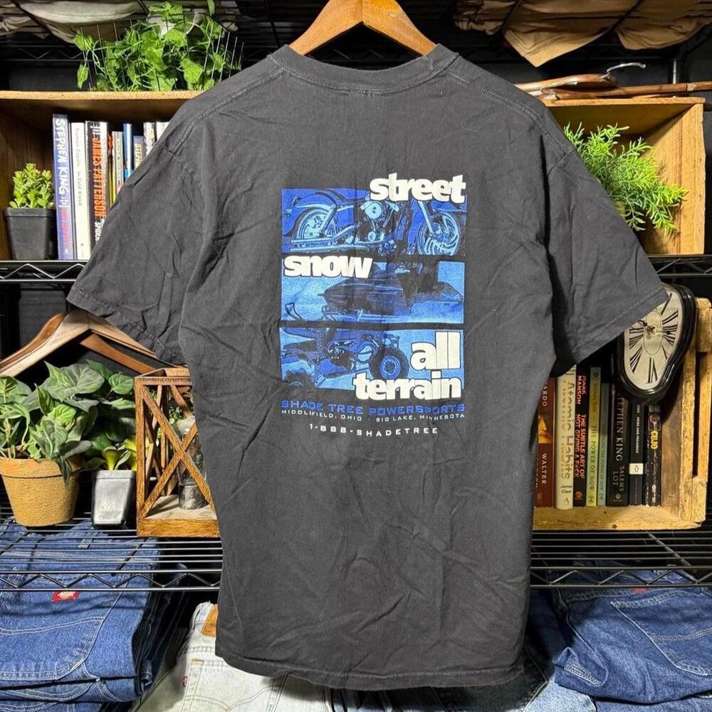 Vintage Y2K Shade Tree Powersports Biker Tee Black Blue Motorcycle Racing Shirt